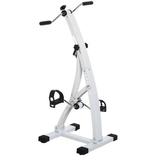 Baltas kojų ir rankų treniruoklis su pedalais ir rankenomis baltame fone