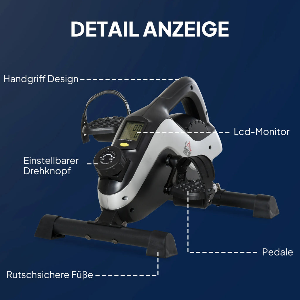 Schema su užrašais, žyminčiais mini treniruoklio rankeną, ekraną, rankenėlę, pedalus ir kojeles
