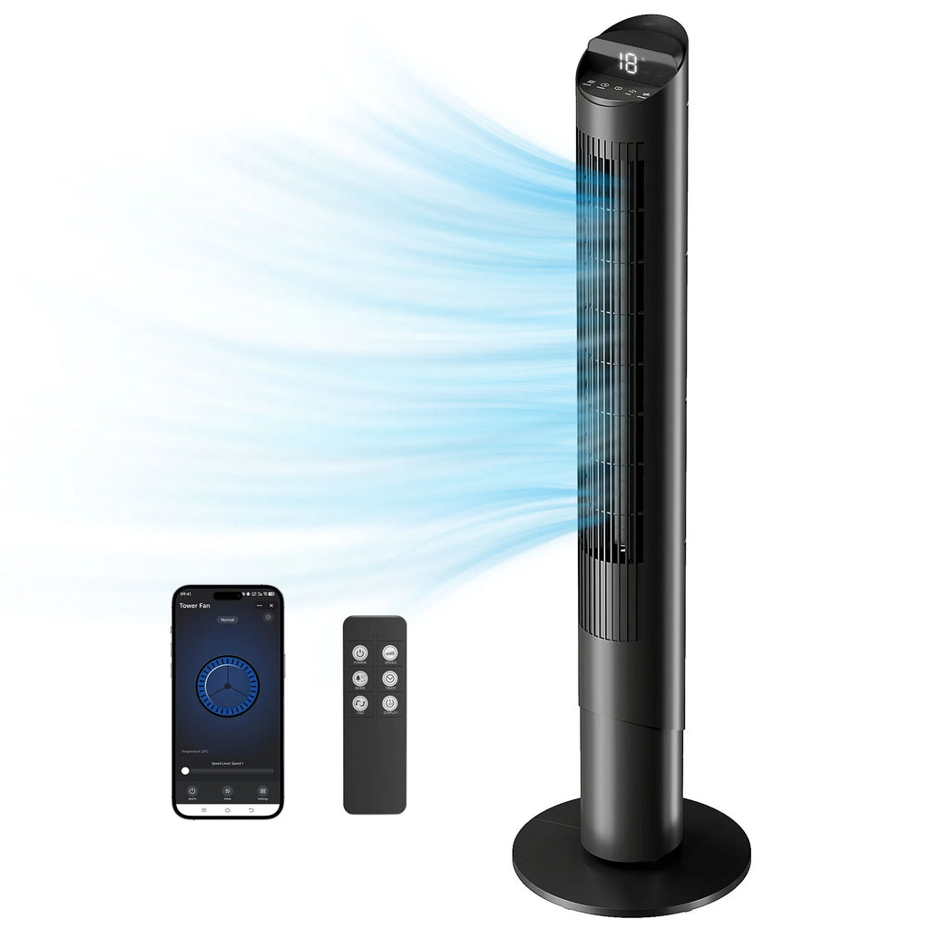 Koloninis ventiliatorius 116 cm, valdomas WiFi programėle, su nuotolinio valdymo pulteliu, 6 greičiai, 65° osciliacija