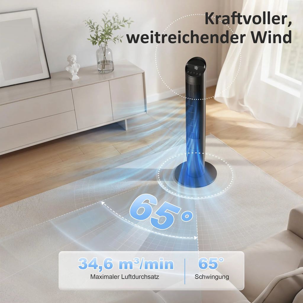Koloninis ventiliatorius 116 cm, valdomas WiFi programėle, su nuotolinio valdymo pulteliu, 6 greičiai, 65° osciliacija