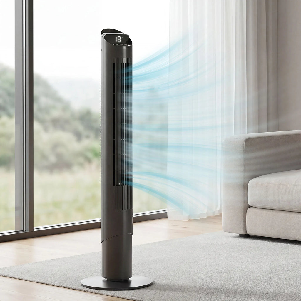 Koloninis ventiliatorius 116 cm, valdomas WiFi programėle, su nuotolinio valdymo pulteliu, 6 greičiai, 65° osciliacija