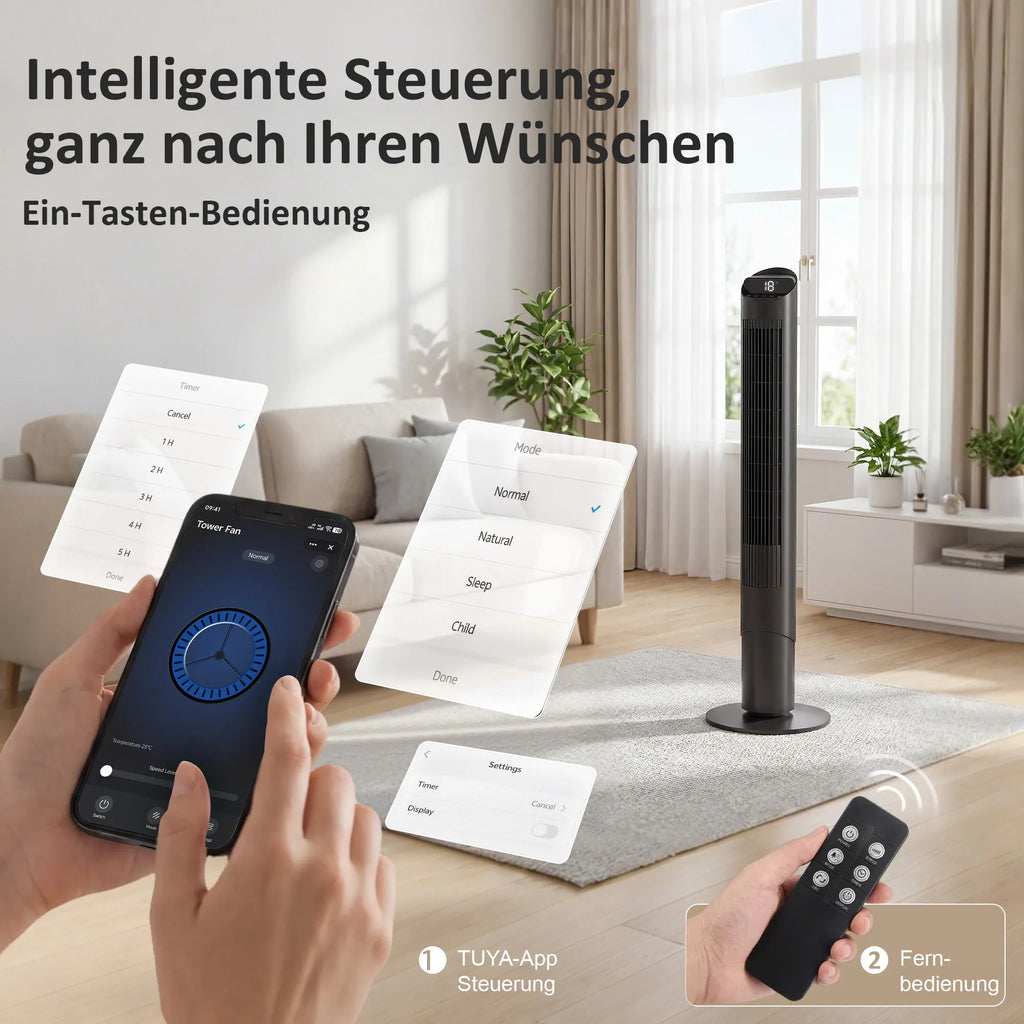 Koloninis ventiliatorius 116 cm, valdomas WiFi programėle, su nuotolinio valdymo pulteliu, 6 greičiai, 65° osciliacija