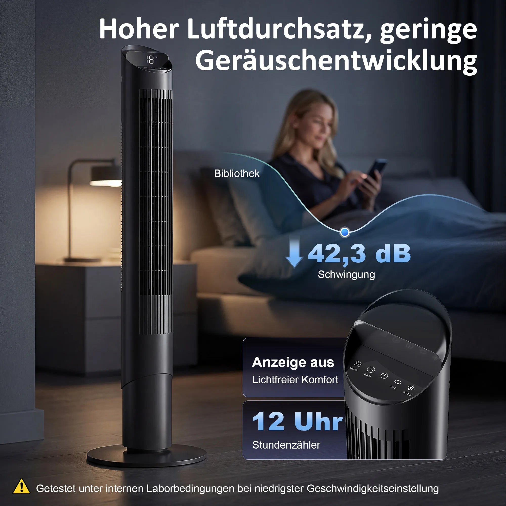 Koloninis ventiliatorius 116 cm, valdomas WiFi programėle, su nuotolinio valdymo pulteliu, 6 greičiai, 65° osciliacija