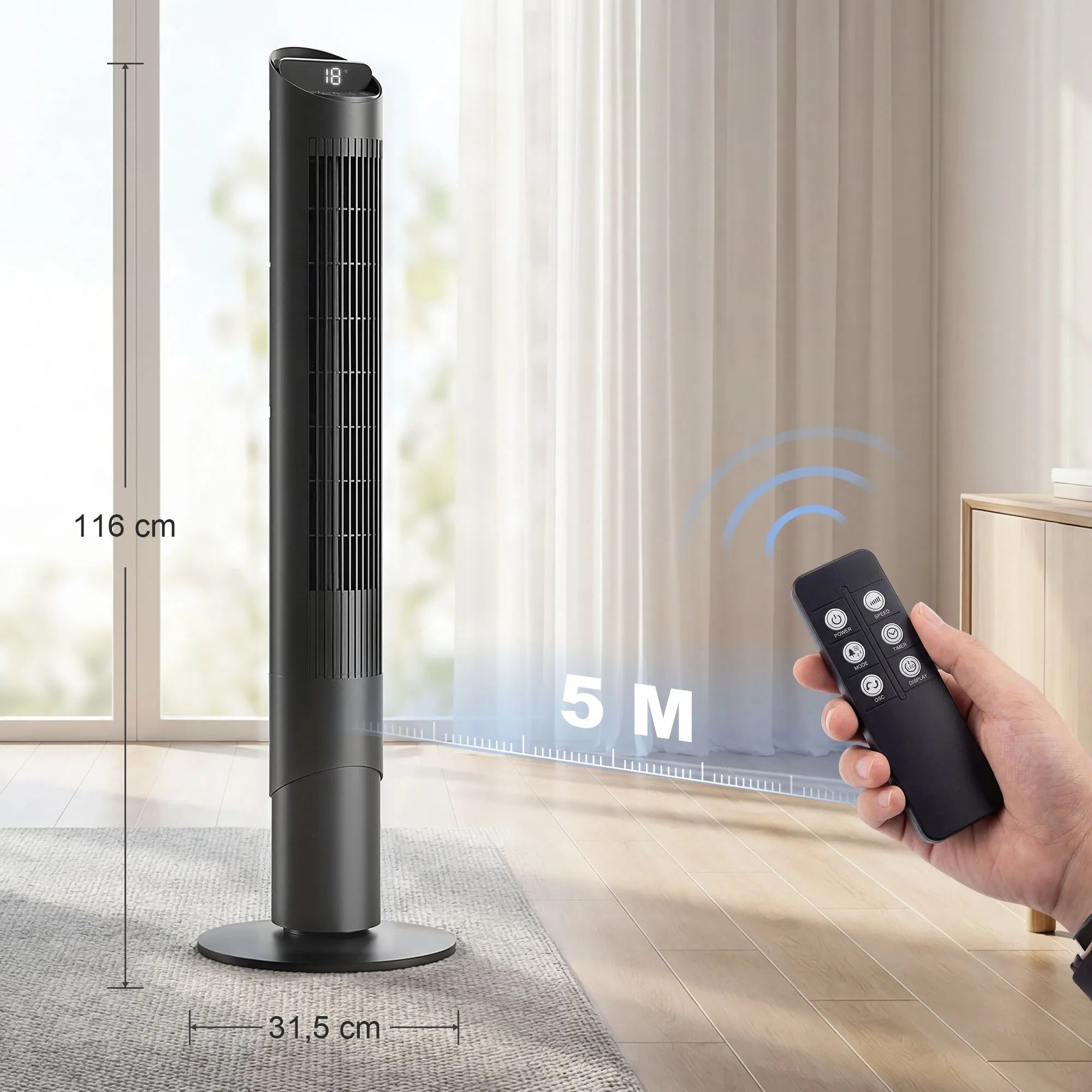 Koloninis ventiliatorius 116 cm, valdomas WiFi programėle, su nuotolinio valdymo pulteliu, 6 greičiai, 65° osciliacija