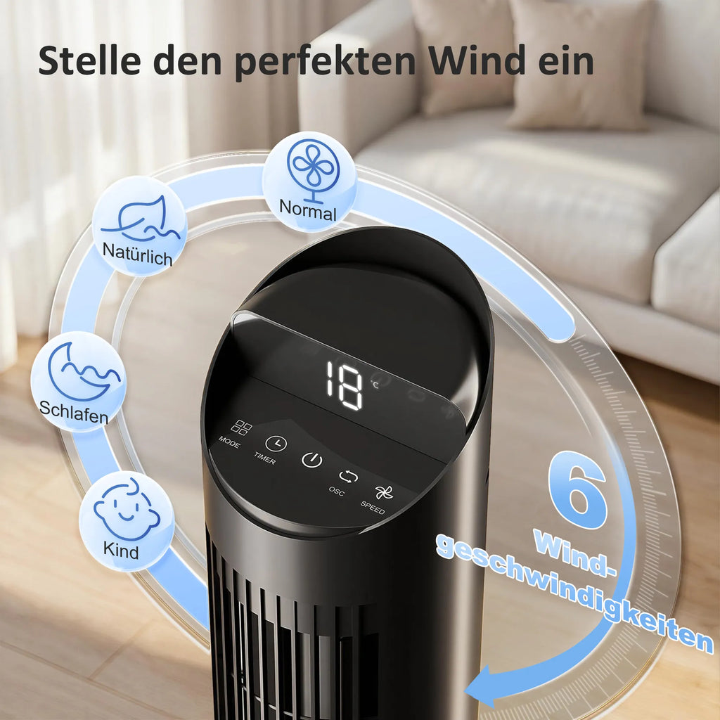 Koloninis ventiliatorius 116 cm, valdomas WiFi programėle, su nuotolinio valdymo pulteliu, 6 greičiai, 65° osciliacija