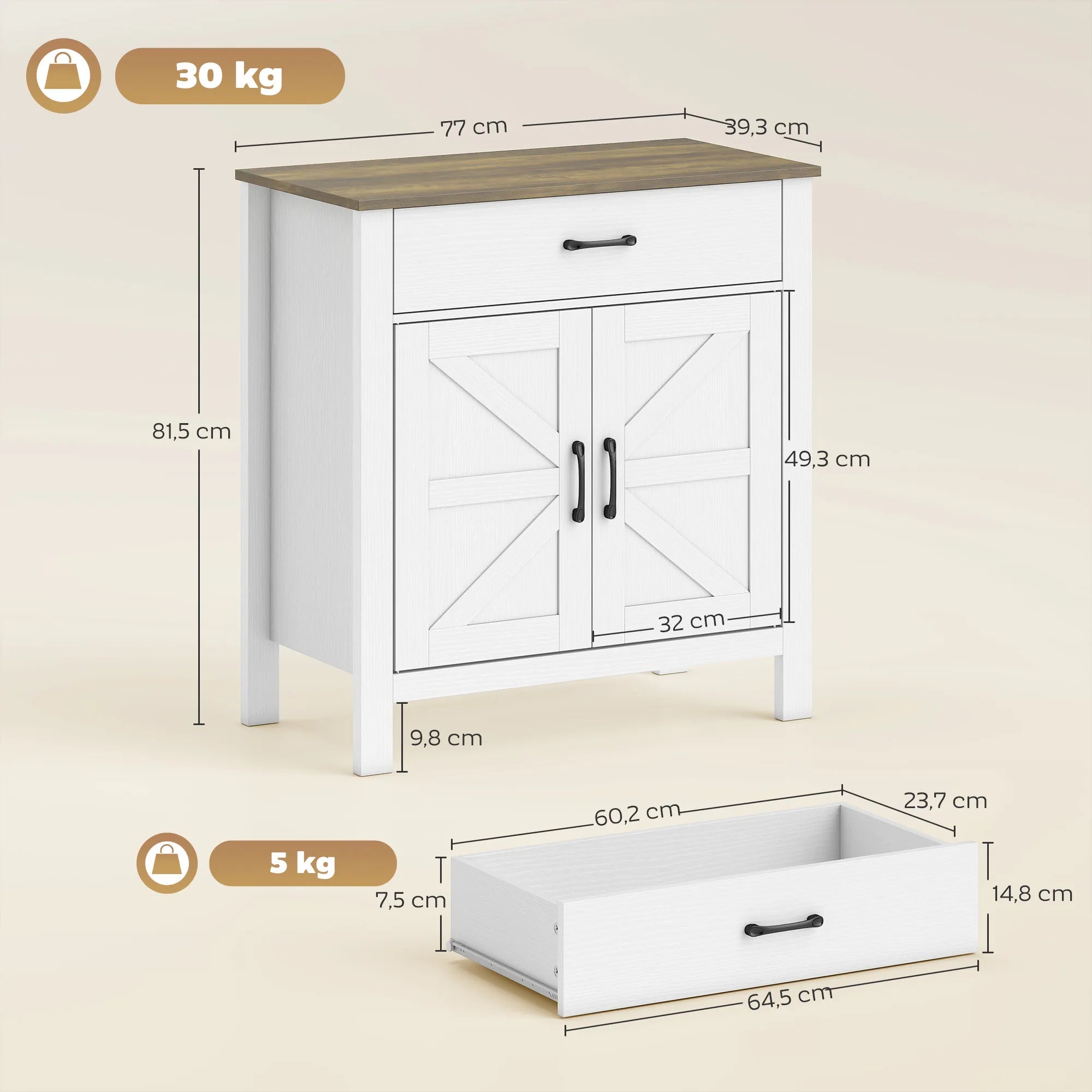 Komoda kaimiško stiliaus MDF plokštė 77x39x82 cm balta