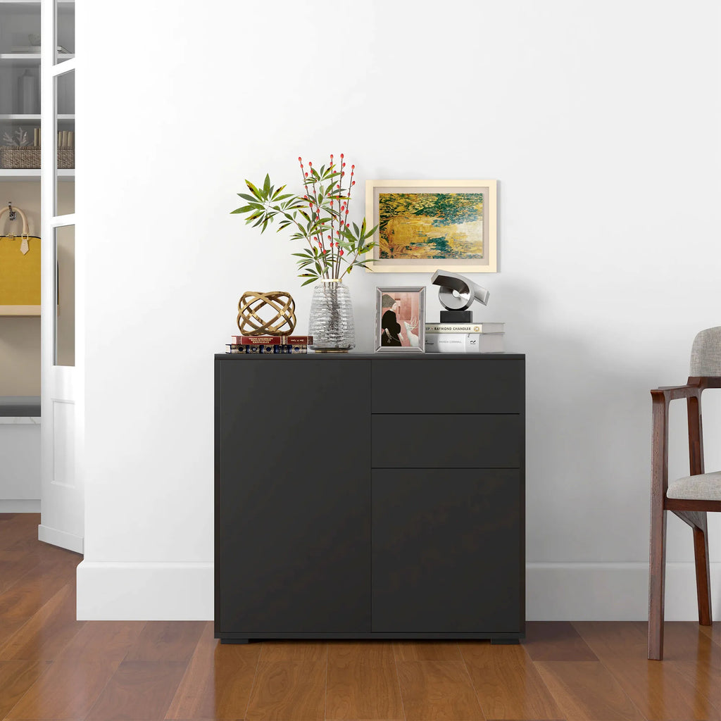 Komoda su 2 stalčiais ir 2 durelėmis, su apsauga nuo apvirtimo, 79 × 36 × 74 cm, juoda