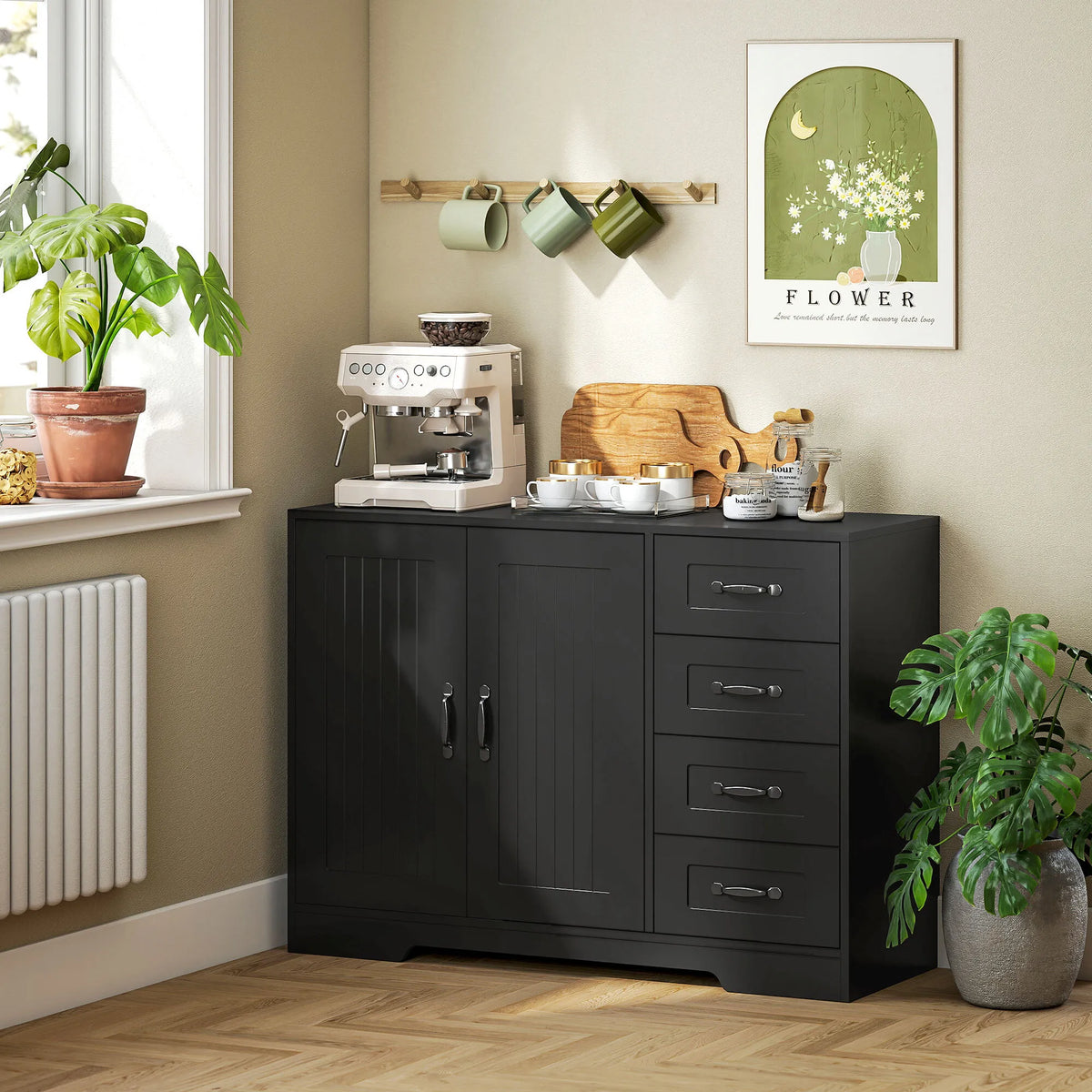 Komoda su 4 stalčiais ir spintele, 105 × 40 × 76 cm, juoda