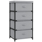 Pilka komoda su keturiais audiniais stalčiais ir juodu metaliniu rėmu