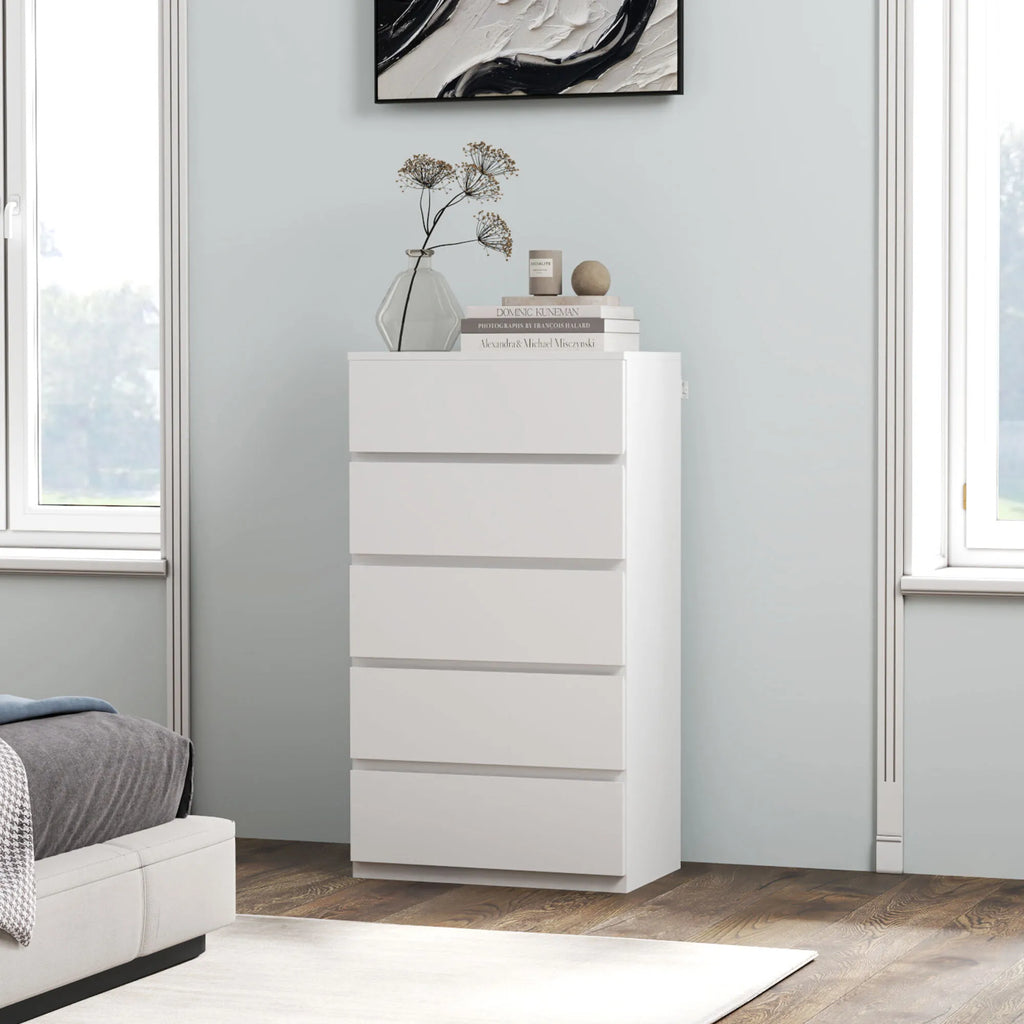 Komoda su 5 stalčiais, 55 × 34 × 100 cm, balta