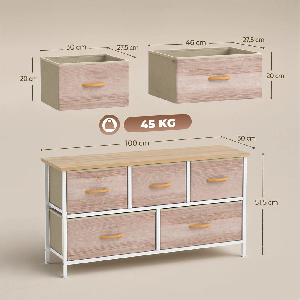 Komoda su 5 stalčiais, natūralios medienos ir baltos spalvos
