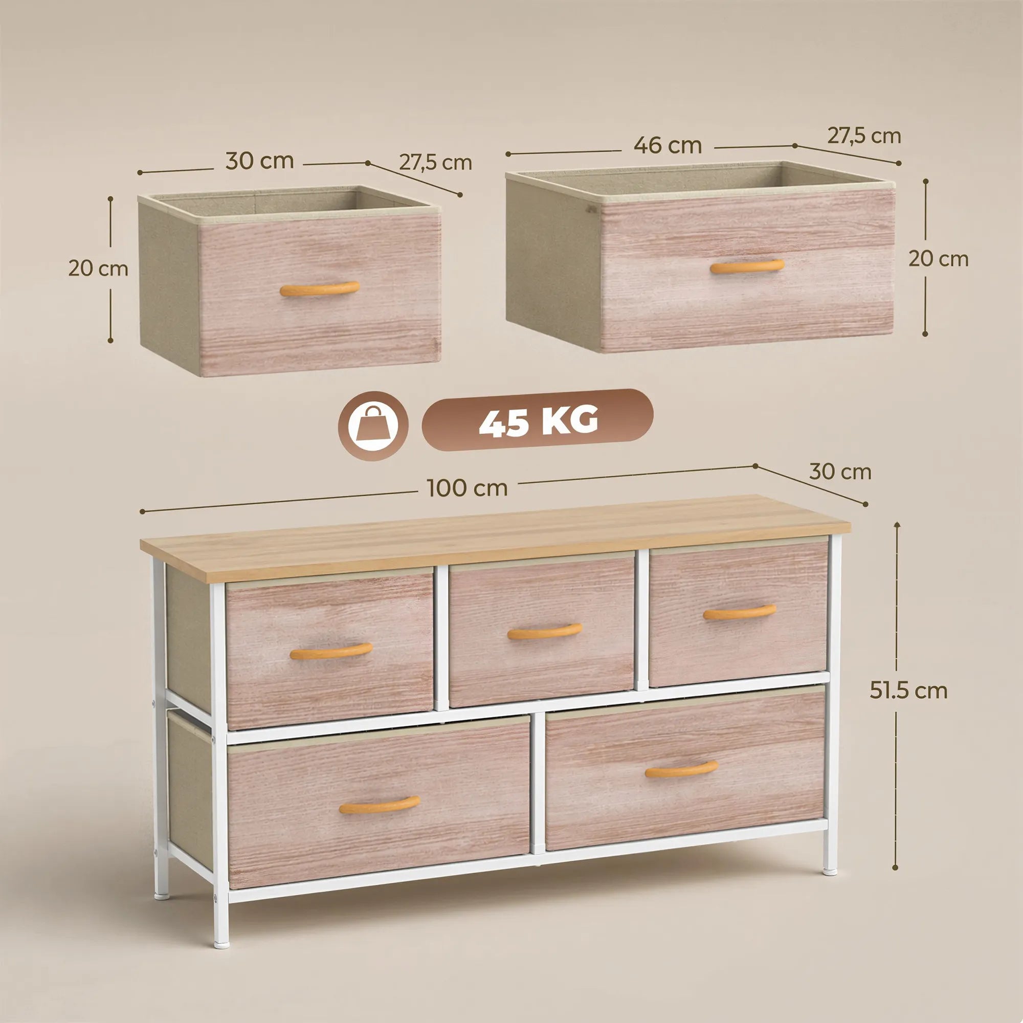Komoda su 5 stalčiais, natūralios medienos ir baltos spalvos