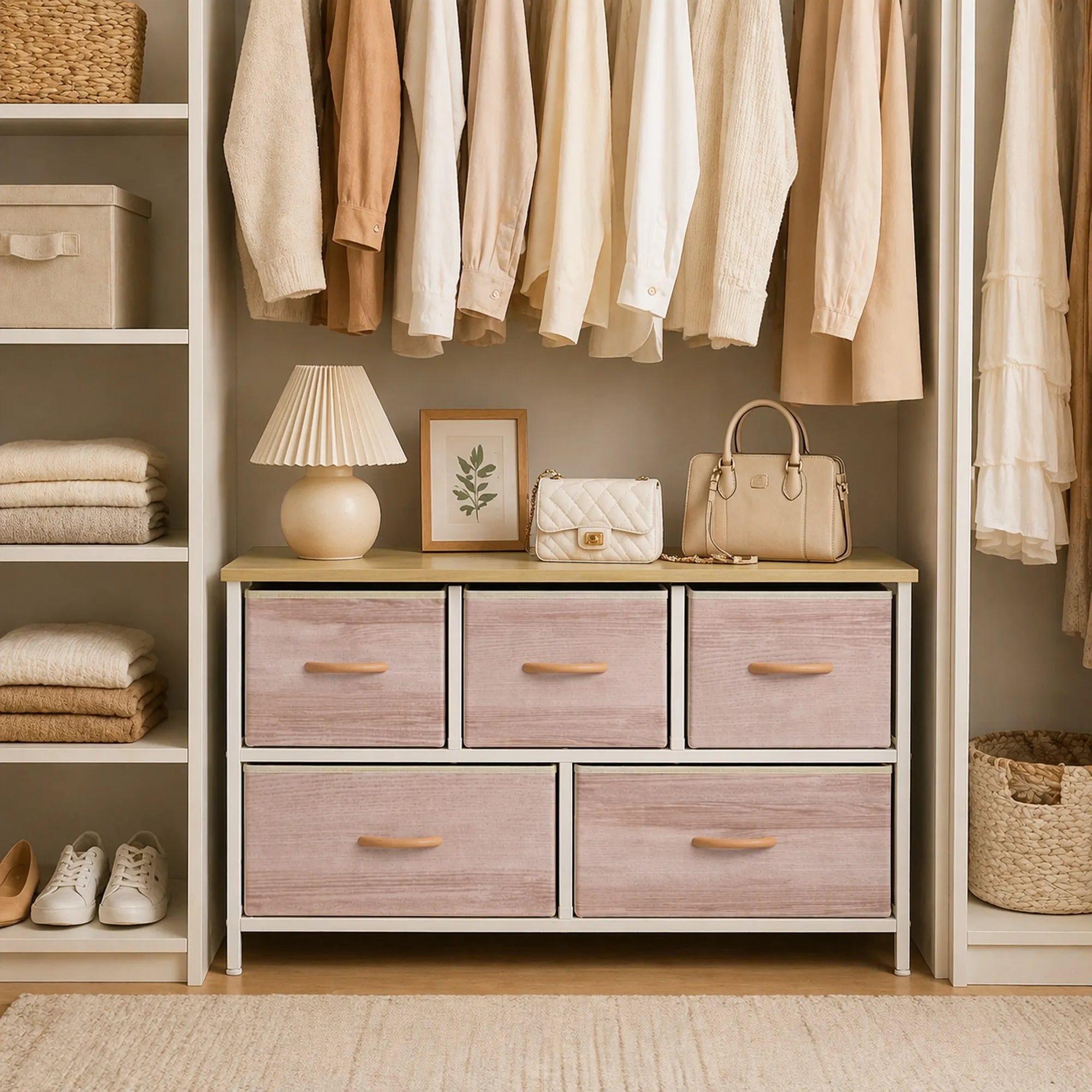 Komoda su 5 stalčiais, natūralios medienos ir baltos spalvos