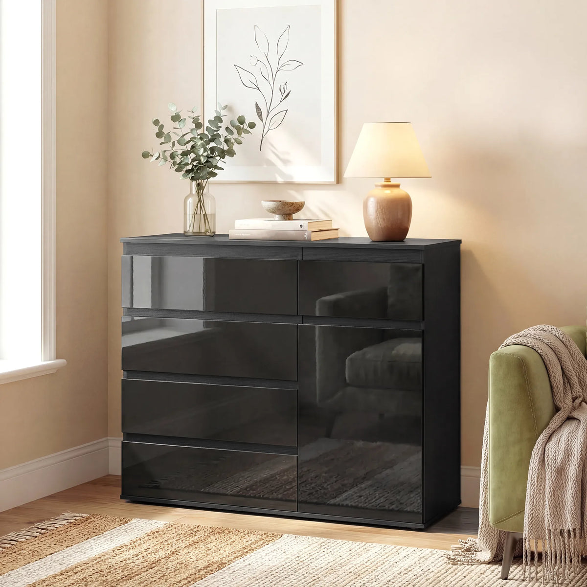 Komoda su 5 stalčių ir spintele, 100 × 40 × 80 cm, juoda blizgi