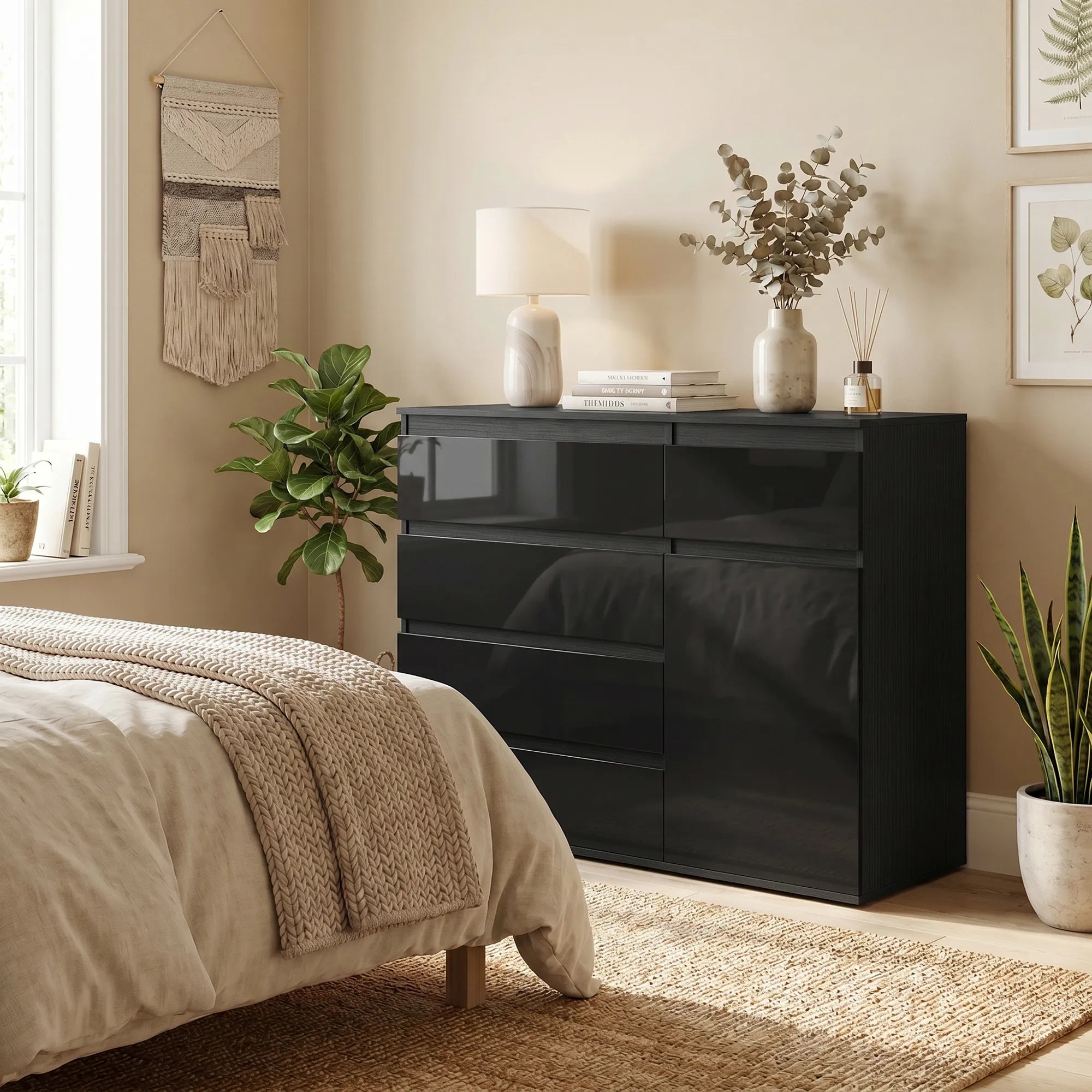 Komoda su 5 stalčių ir spintele, 100x40x80 cm, juoda blizgi