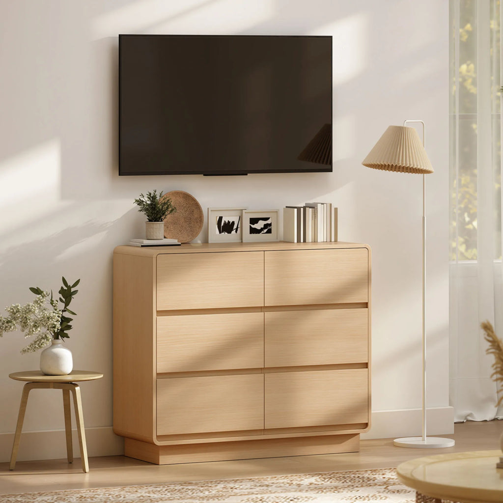 Komoda su 6 stalčių, 100 cm, natūralios medienos spalvos