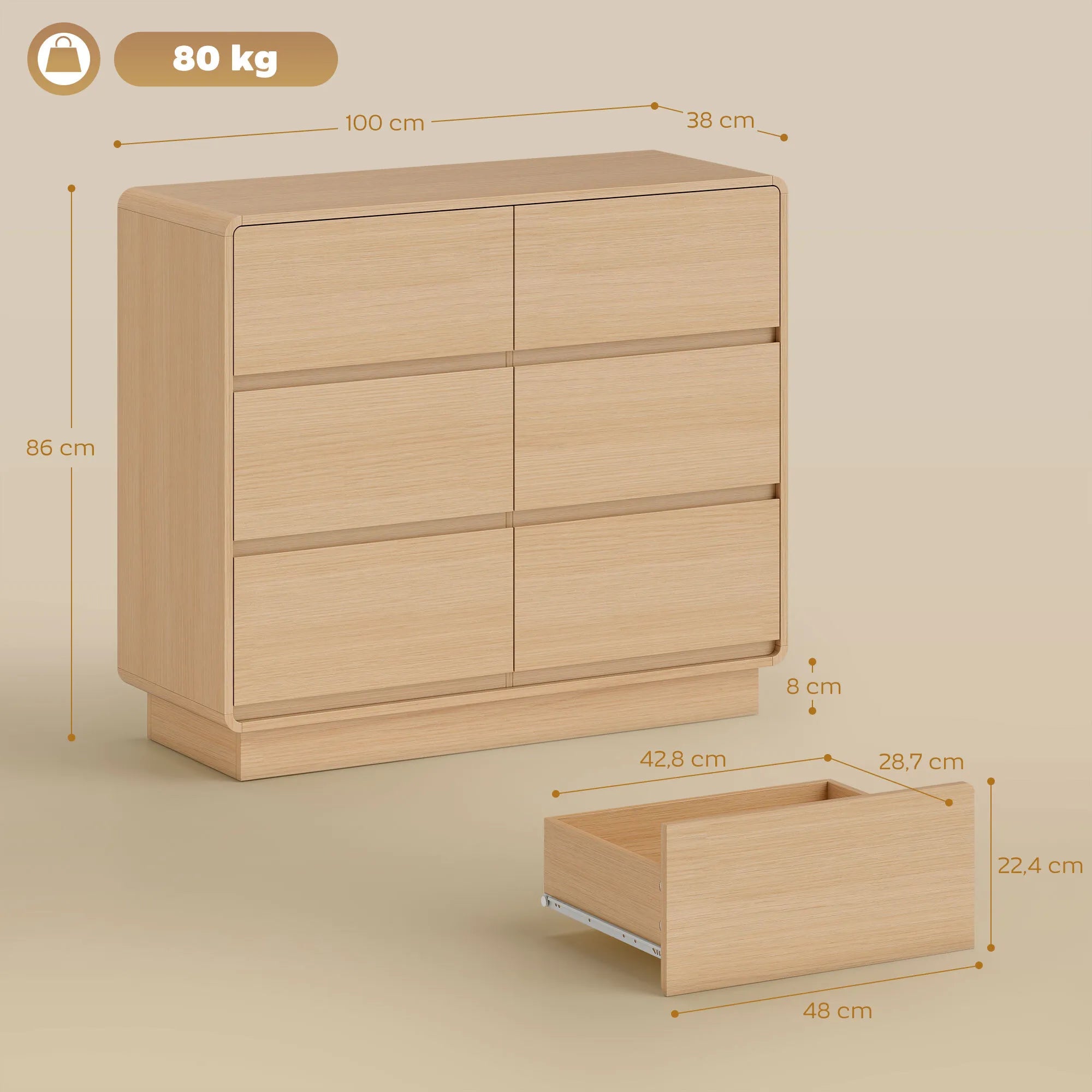 Komoda su 6 stalčių, 100 cm, natūralios medienos spalvos