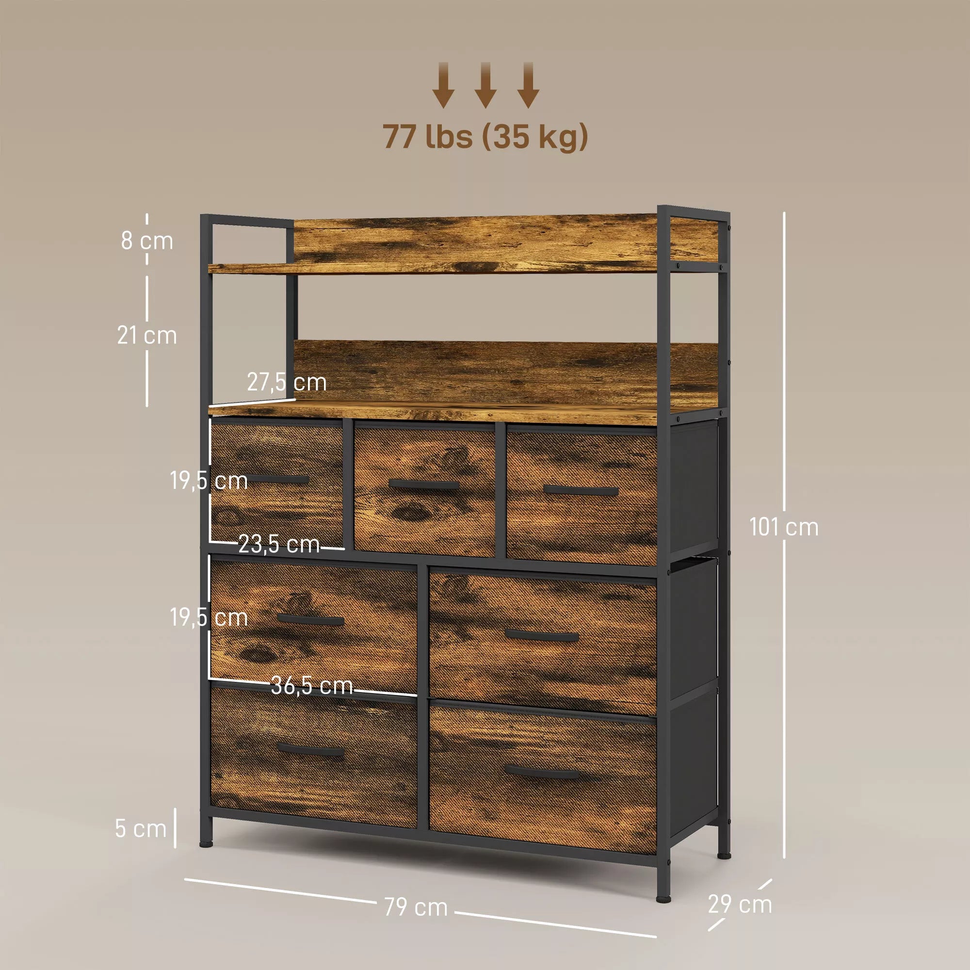 Matmenų schema centimetrais: komoda 79x29x101 cm, leidžiama apkrova iki 35 kg