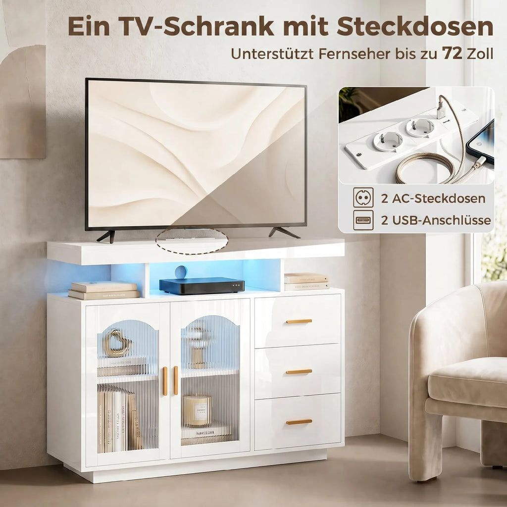 Komoda su LED apšvietimu ir elektros lizdais, balta
