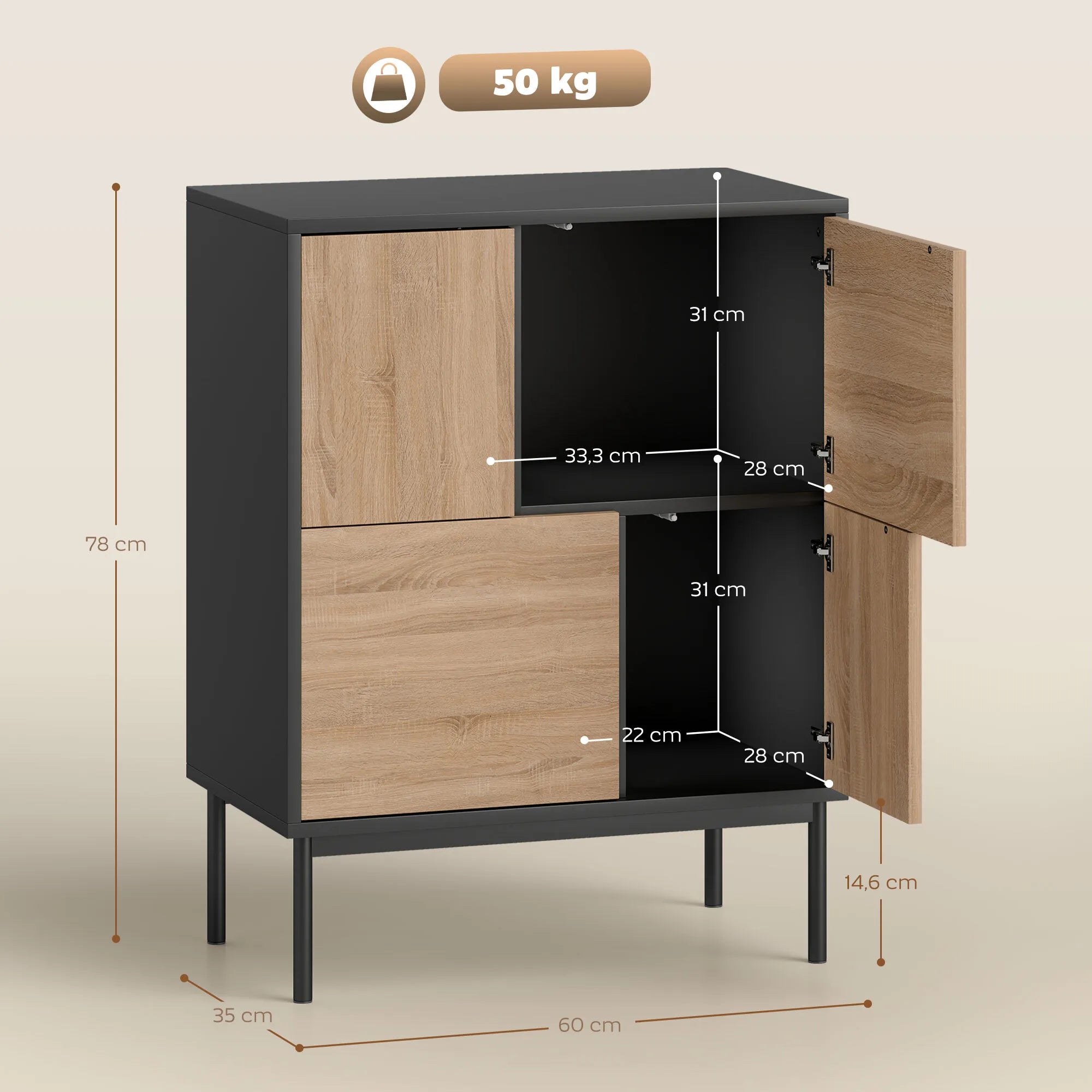 Komoda su „push-to-open“ durelėmis, 60 x 35 x 78 cm, juoda su natūralios medienos elementais