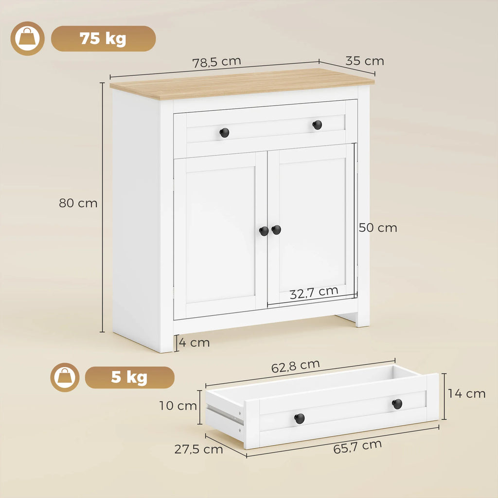 Komodos matmenų schema: 80 cm aukštis, 78,5 cm plotis, iki 75 kg