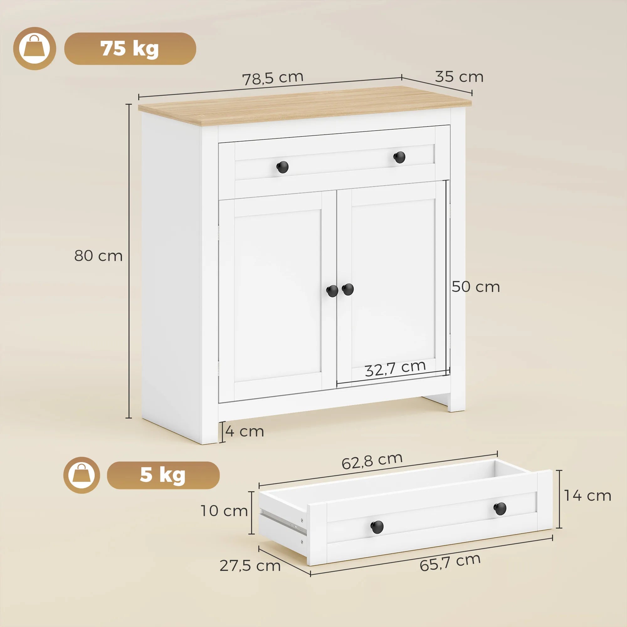 Komodos matmenų schema: 80 cm aukštis, 78,5 cm plotis, iki 75 kg