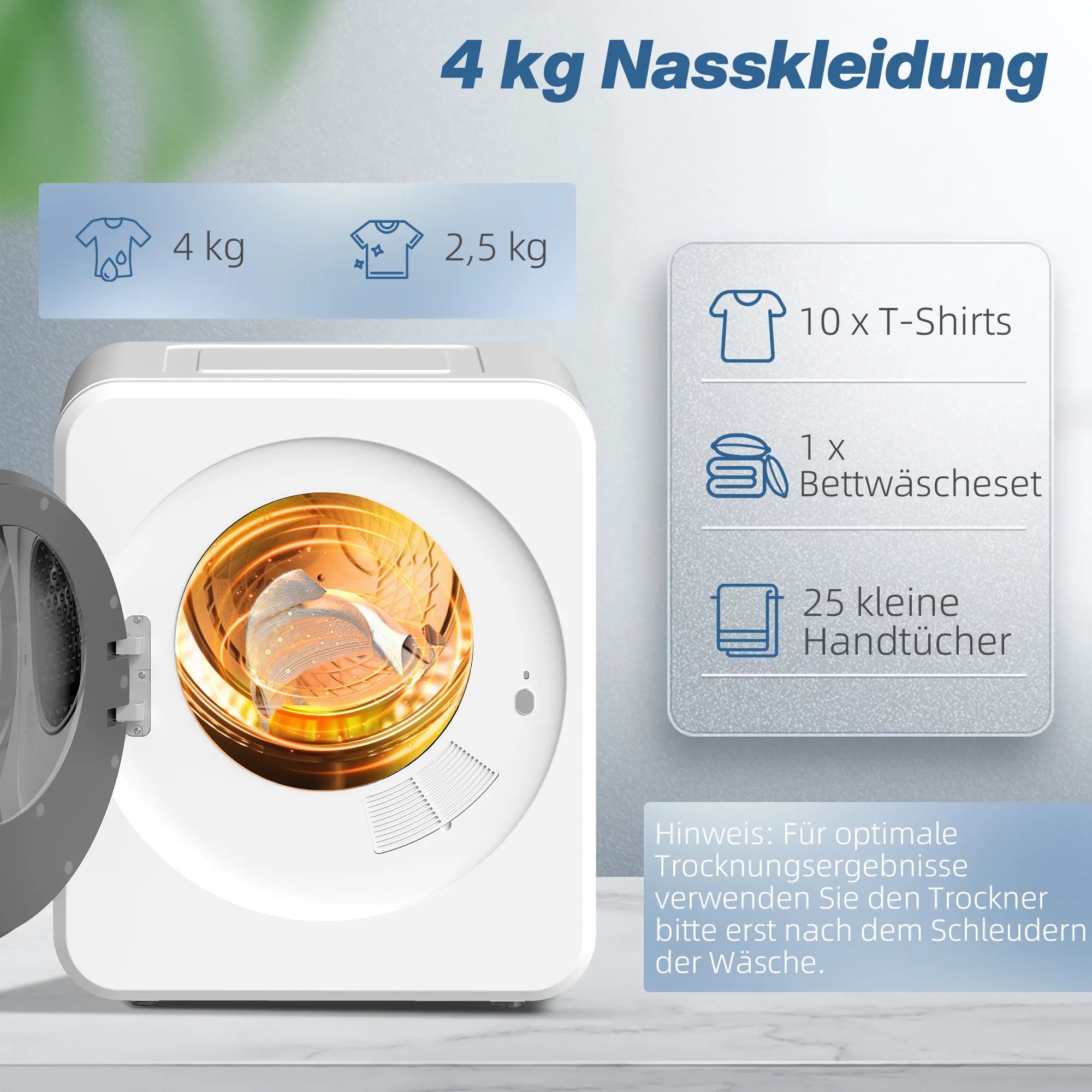 Kompaktinis drabužių džiovintuvas 4 kg 800 W su nerūdijančio plieno būgnu baltas