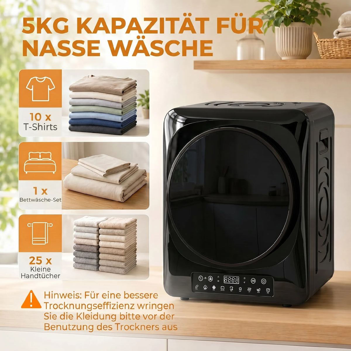 Kompaktinis džiovintuvas 1000 W su jutikliais 5 kg, juodas