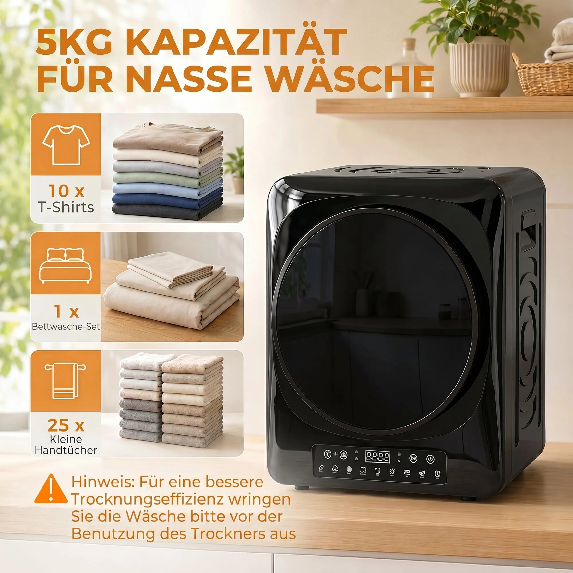 Kompaktinis džiovintuvas 1000 W su jutikliais 5 kg, juodas