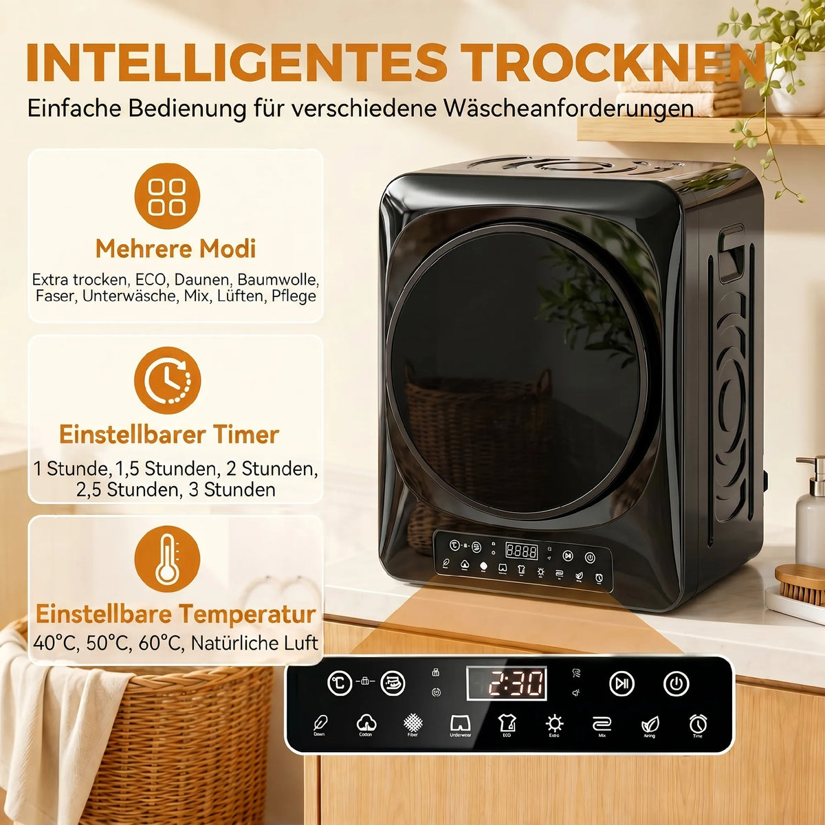 Kompaktinis džiovintuvas 1000 W su jutikliais 5 kg, juodas
