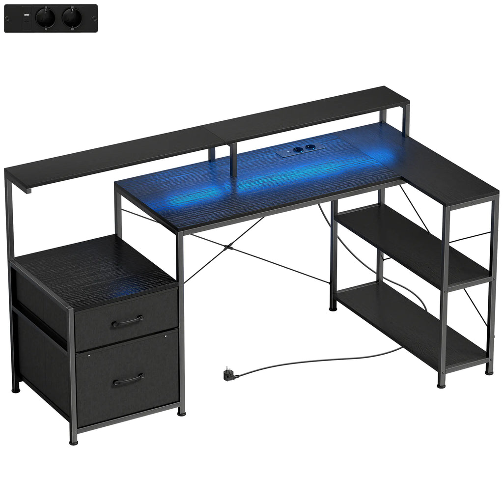 Kompiuterinių žaidimų stalas su stalčiais ir LED apšvietimu, 165x80 cm, juodas
