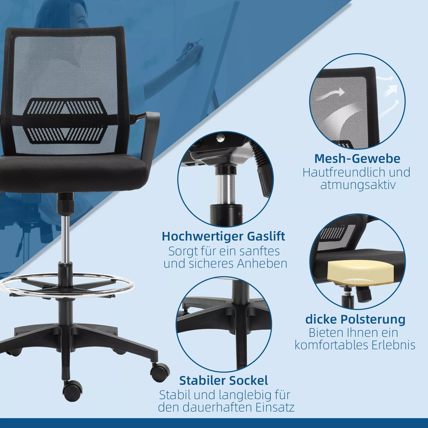 Biuro kėdė, aukščio reguliuojama rašomojo stalo kėdė su kojų atrama, tinklinė atlošas, su ratukais, plastikas, juoda