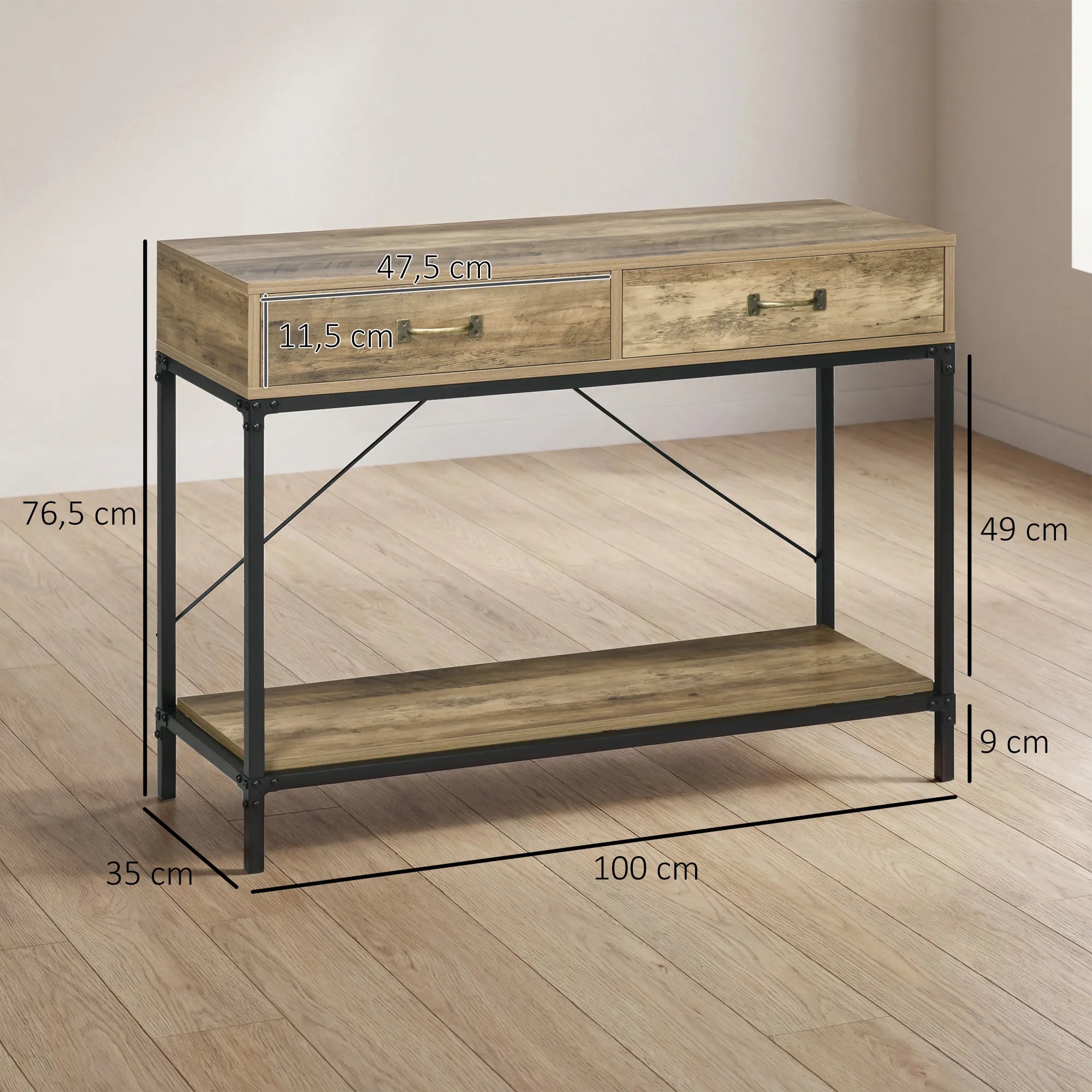 Konsolinis staliukas su 2 stalčiais ir lentyna 100x35x76,5 cm, rudas/juodas