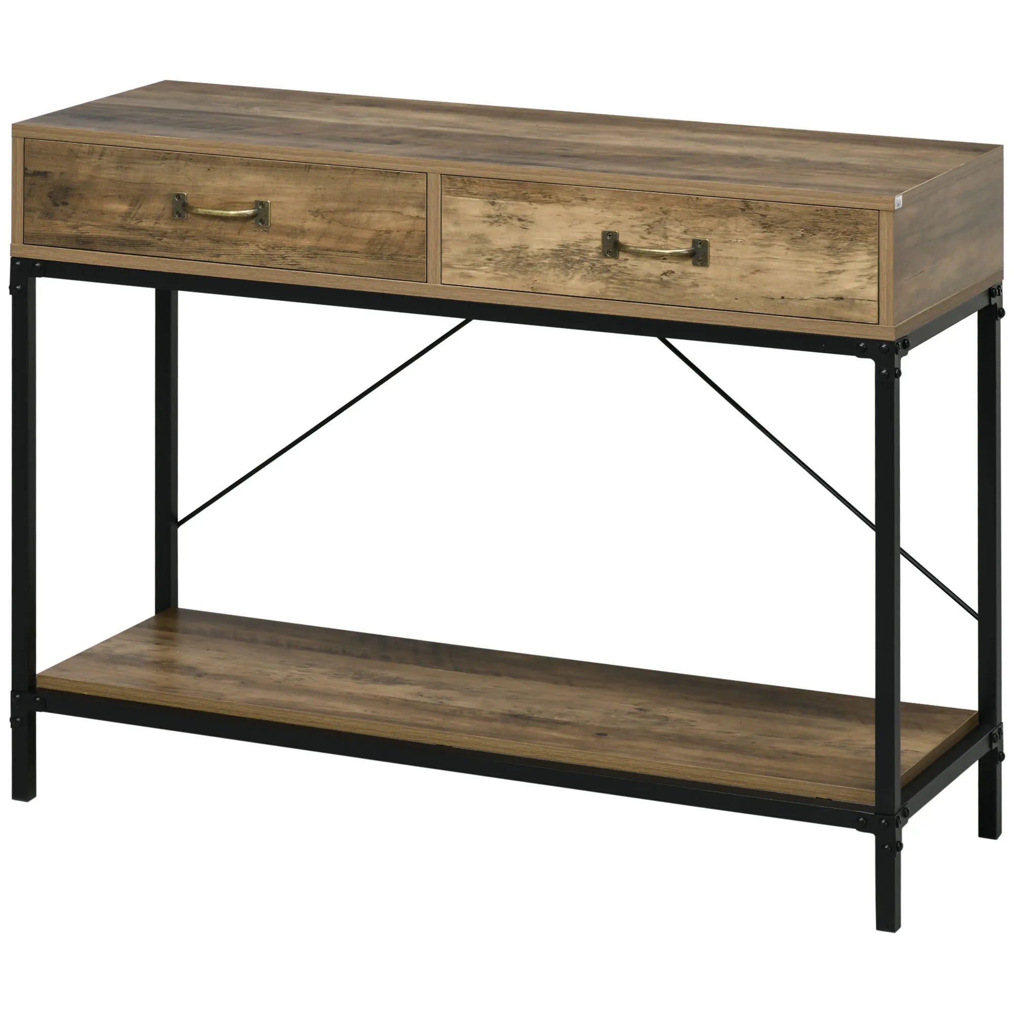 Konsolinis staliukas su 2 stalčiais ir lentyna 100x35x76,5 cm, rudas/juodas