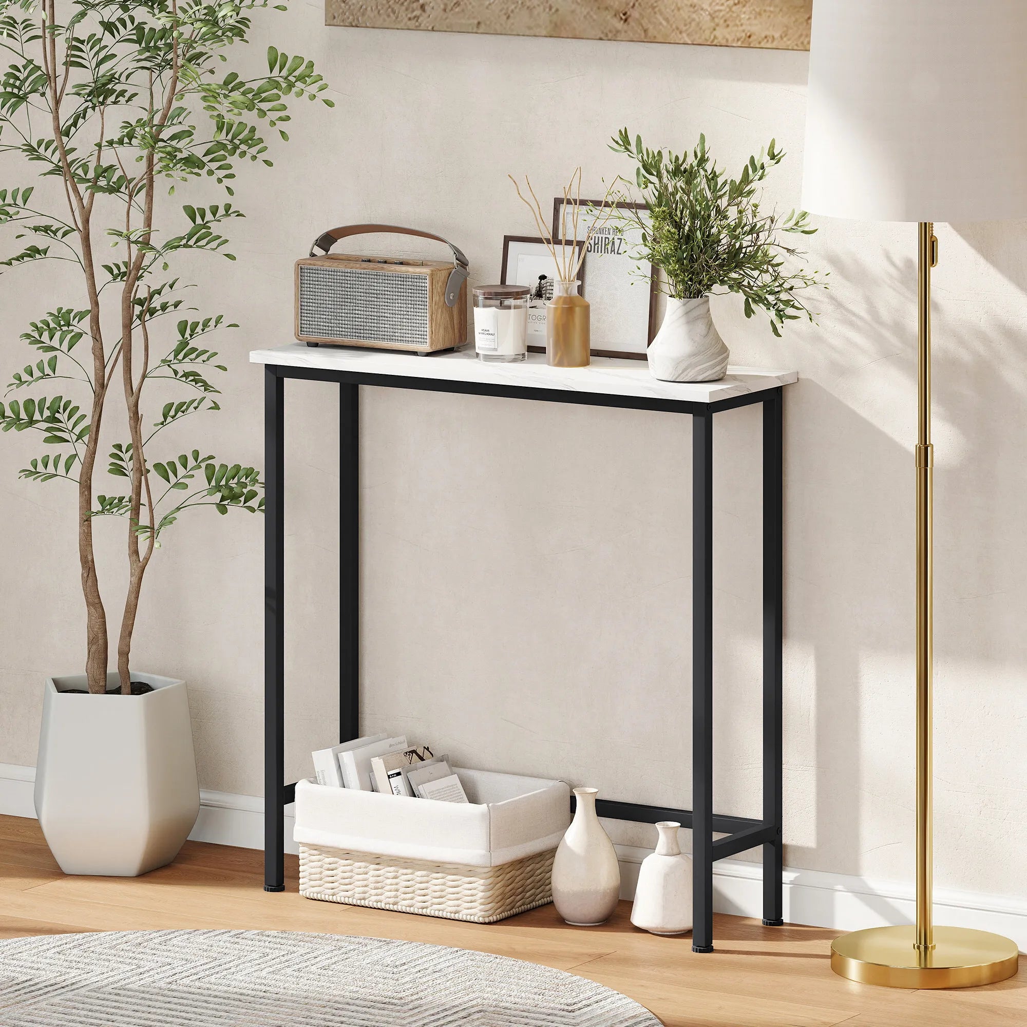 Konsolinis staliukas su marmuro imitacijos stalviršiu 75x24x76 cm juodas