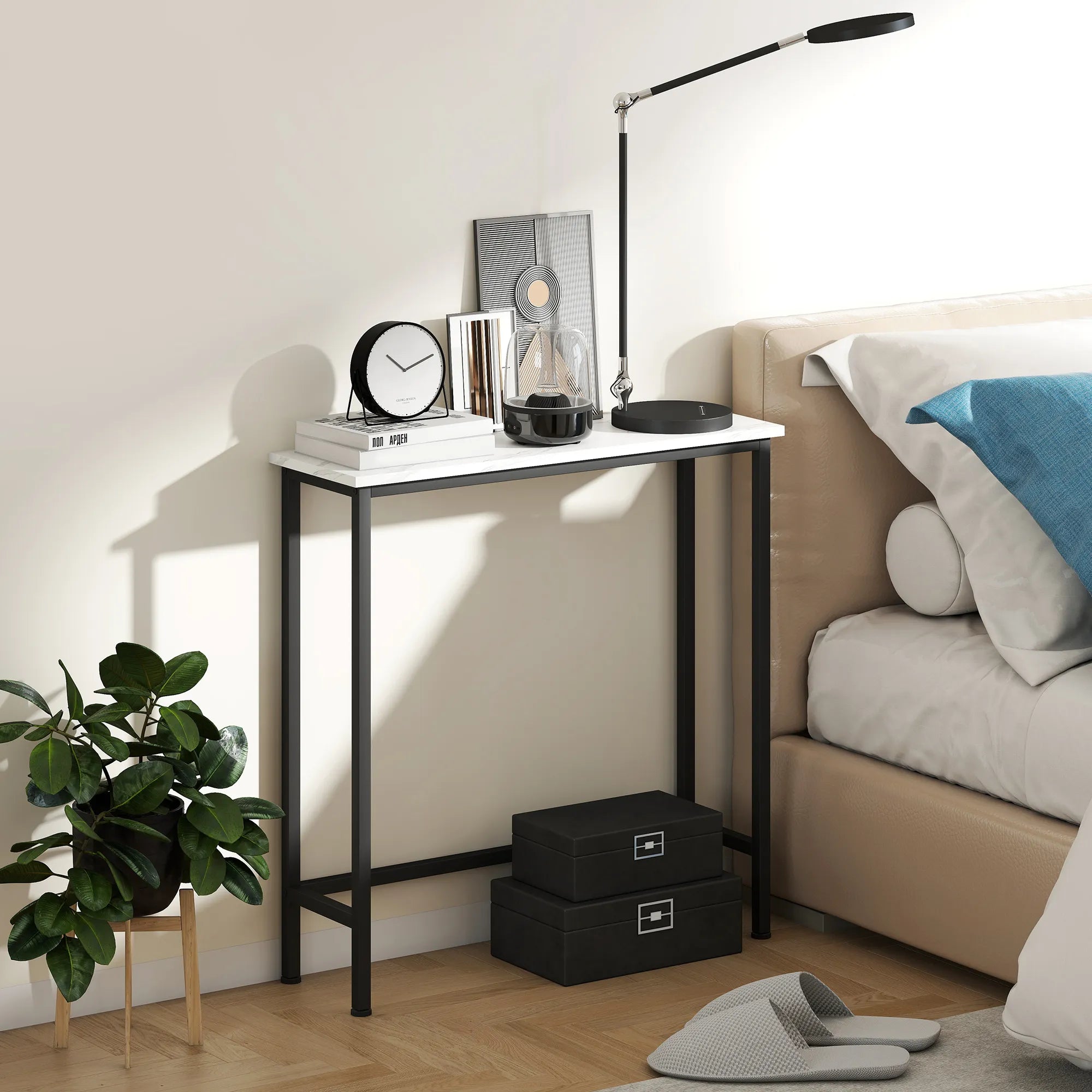 Konsolinis staliukas su marmuro imitacijos stalviršiu 75x24x76 cm juodas