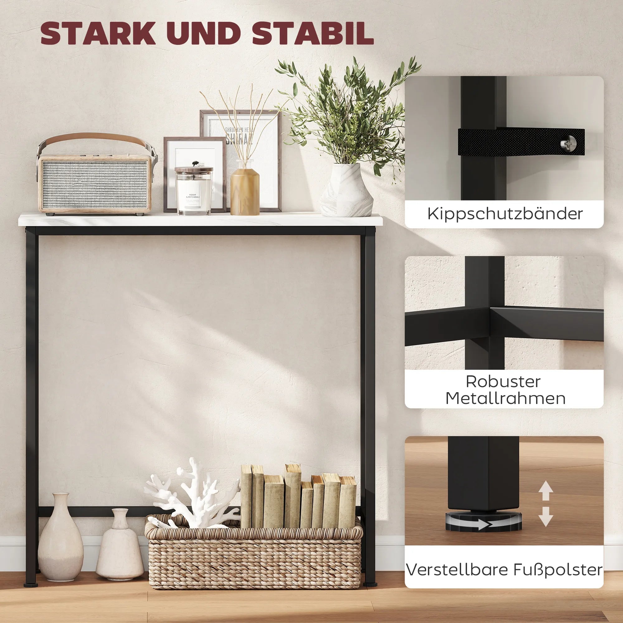 Konsolinis staliukas su marmuro imitacijos stalviršiu 75x24x76 cm juodas