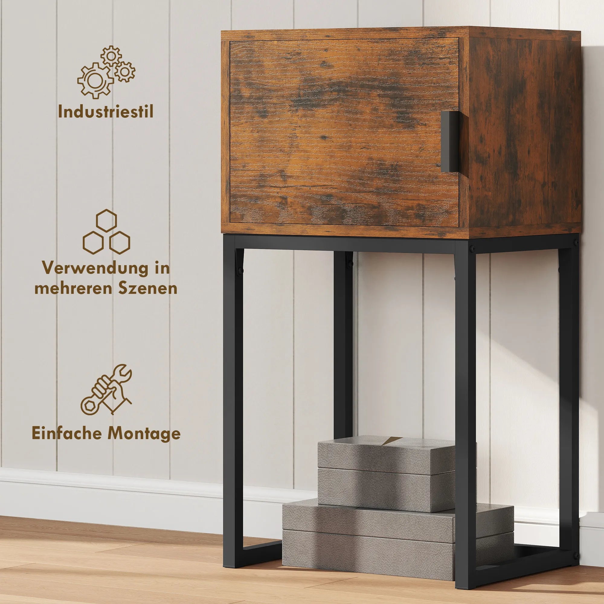 Konsolinis staliukas su spintele, industrinio stiliaus, 40x30x76 cm, rudas