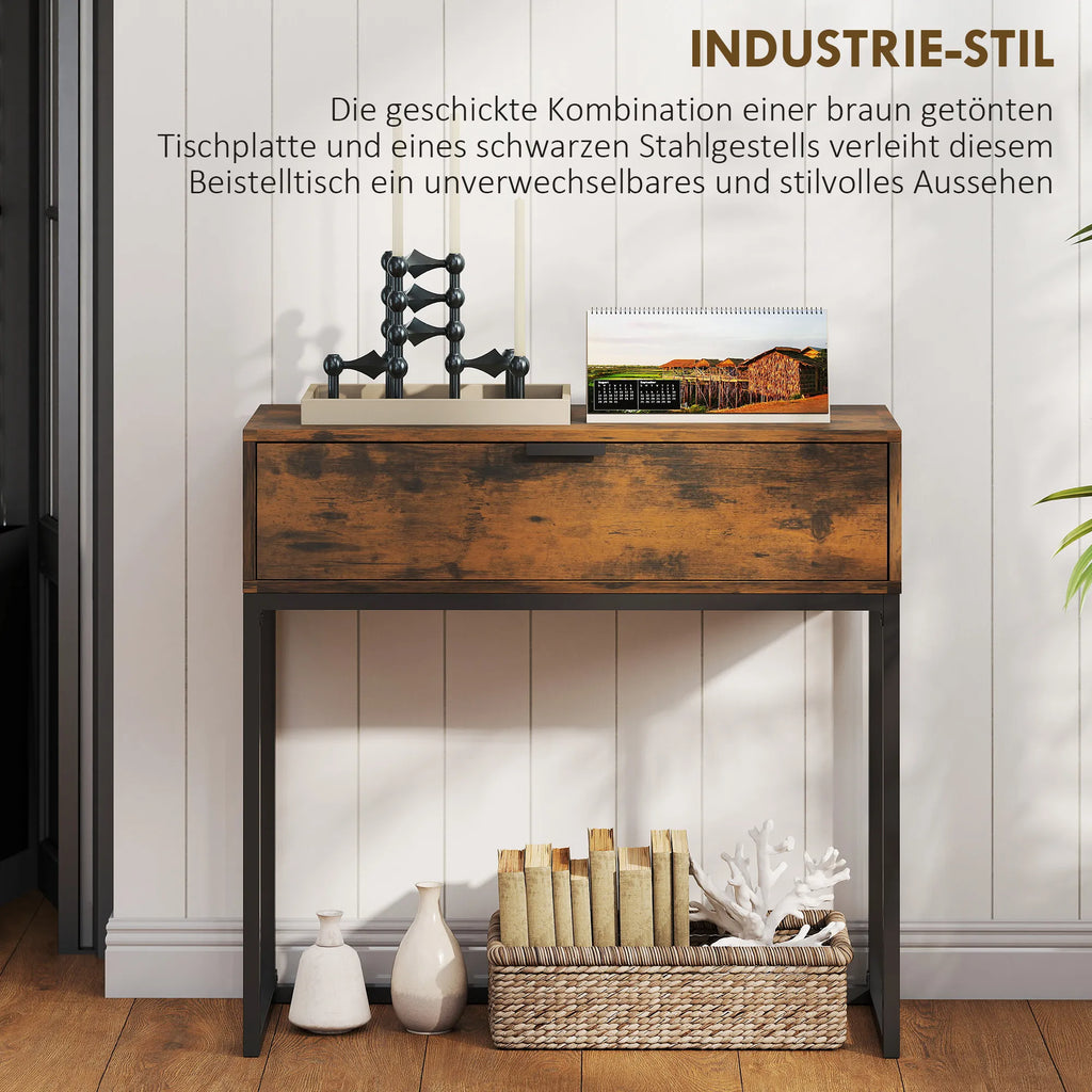 Konsolinis staliukas su stalčiumi, industrinio stiliaus, rudas, 80x30x76 cm