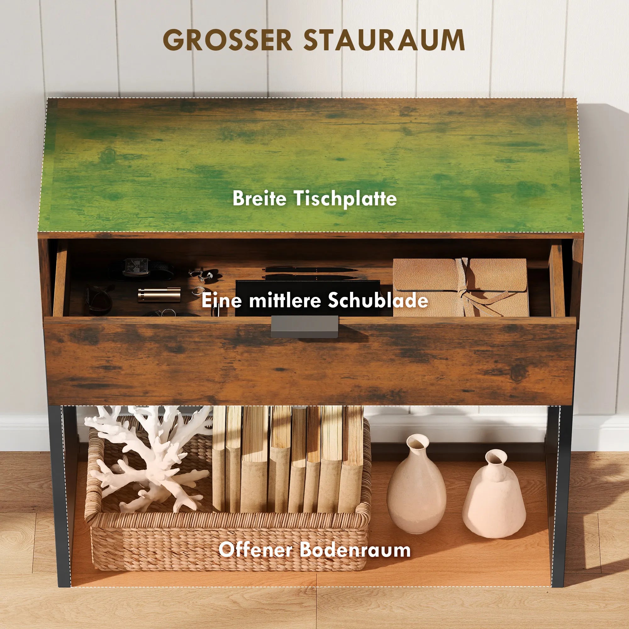 Konsolinis staliukas su stalčiumi, industrinio stiliaus, rudas, 80x30x76 cm