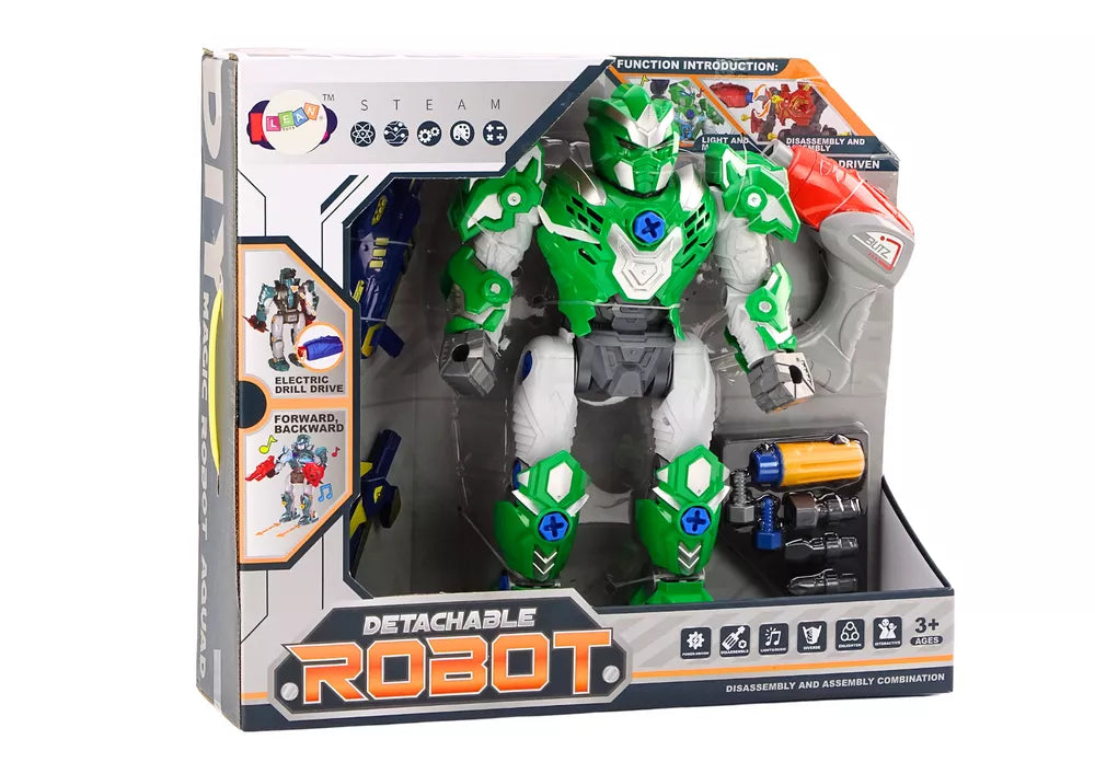 Konstruojamo roboto žaislo pakuotės dėžutė ant balto fono
