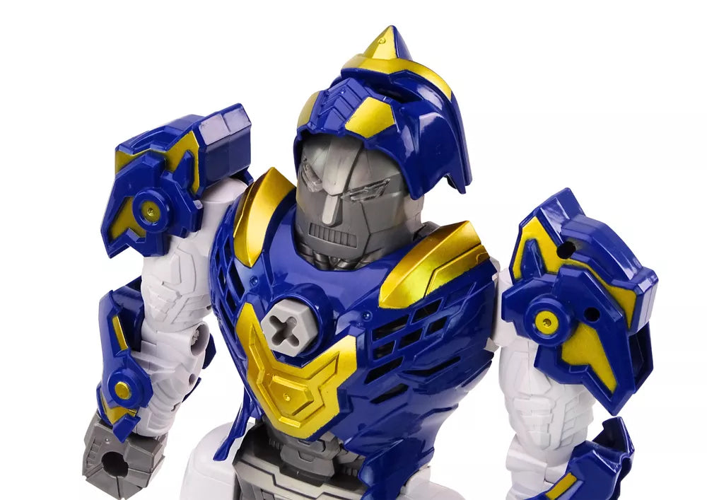 Konstruojamo roboto žaislo galvos ir liemens detalė artimu planu
