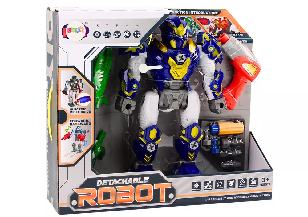 Konstruojamo roboto žaislo pakuotės dėžė su gaminio nuotrauka ir funkcijų aprašymu