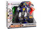 Konstruojamo roboto žaislo pakuotės dėžė su gaminio nuotrauka ir funkcijų aprašymu