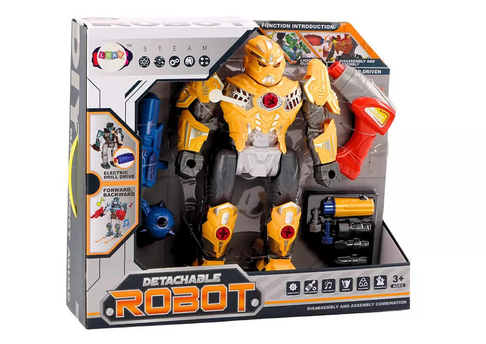 Konstruojamo žaislinio roboto pakuotė su priedais ir aprašymu