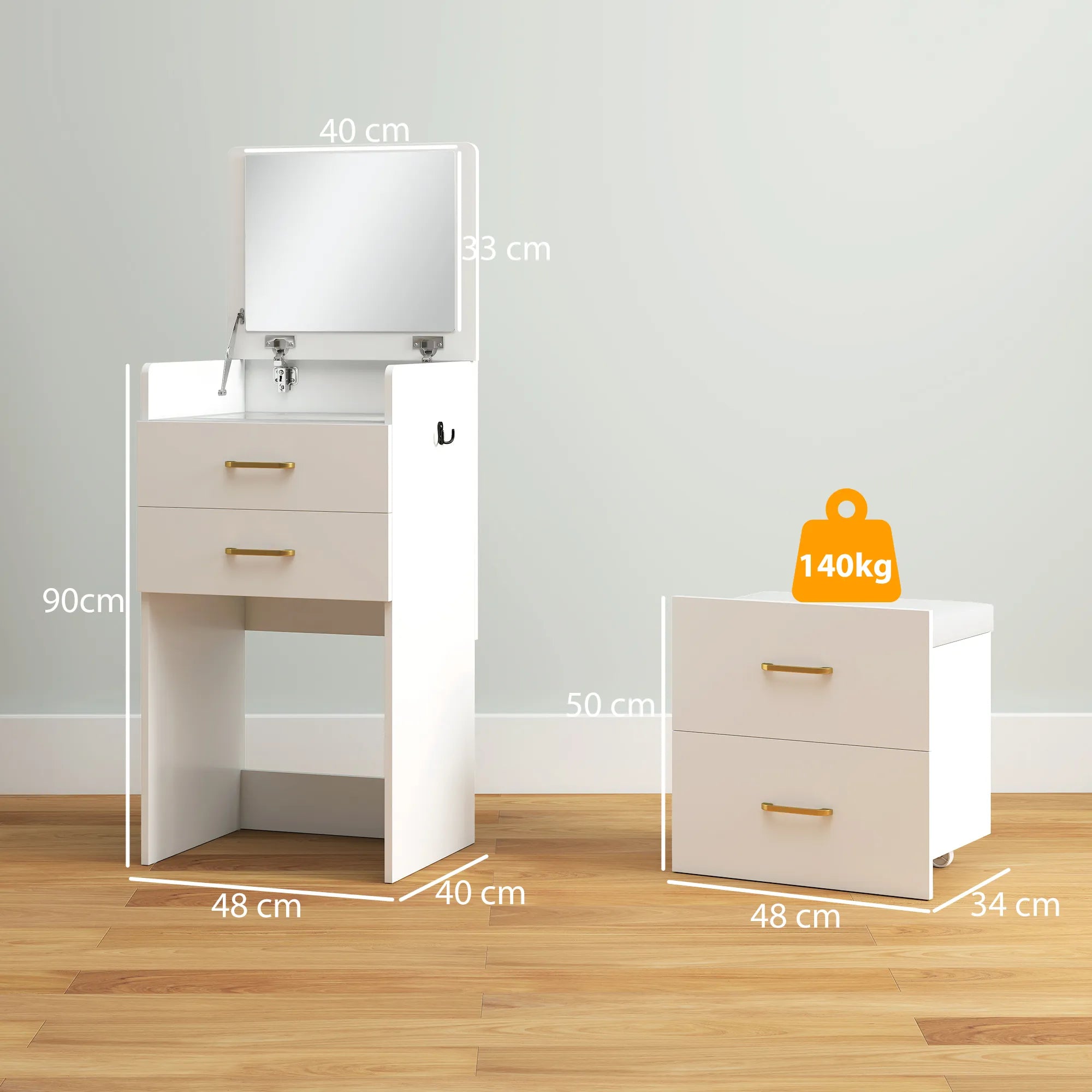 Kosmetinis staliukas 3-in-1 su veidrodžiu ir kėdute, baltas