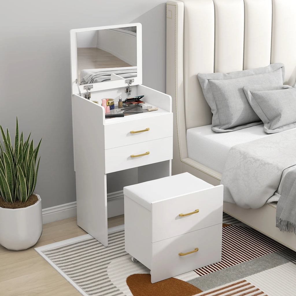 Kosmetinis staliukas 3-in-1 su veidrodžiu ir kėdute, baltas
