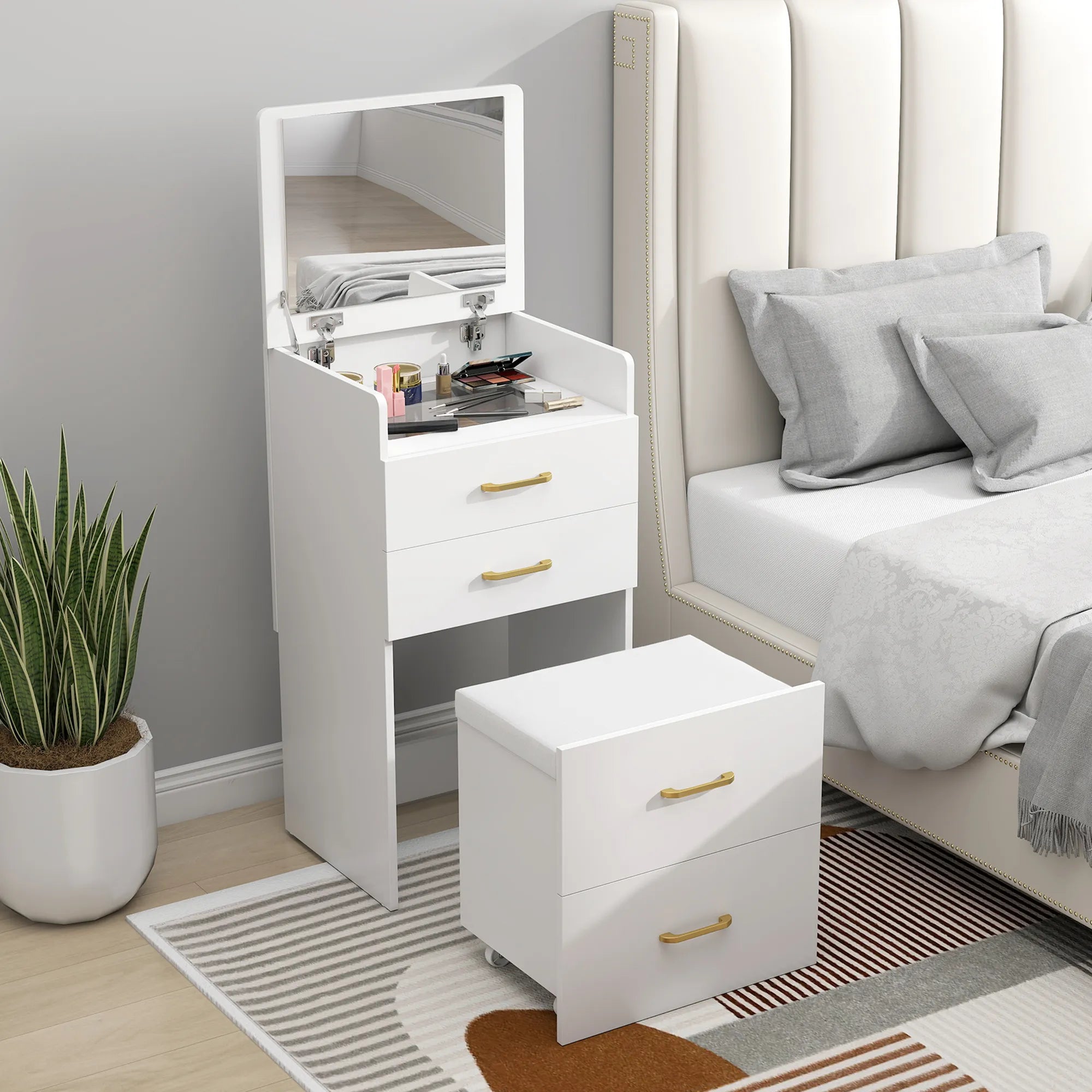 Kosmetinis staliukas 3-in-1 su veidrodžiu ir kėdute, baltas