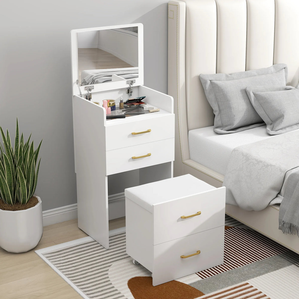 Kosmetinis staliukas 3-in-1 su veidrodžiu ir kėdute, baltas