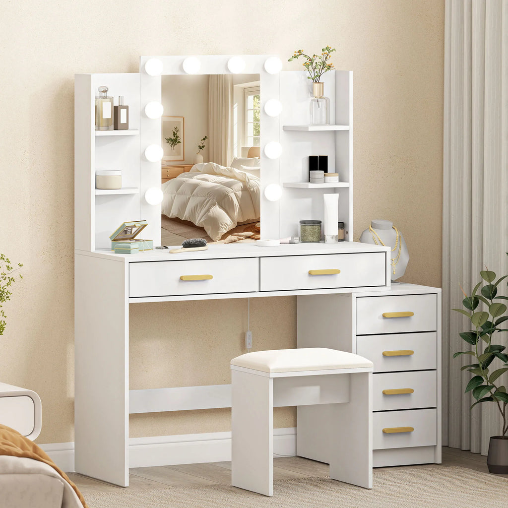 Kosmetinis staliukas su apšvietimu ir pufu 120 cm, baltas